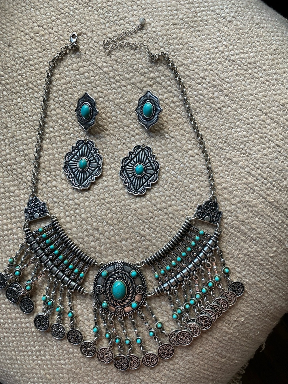Turquoise Accent Silver-Tone Bib Necklace and Earring Set
